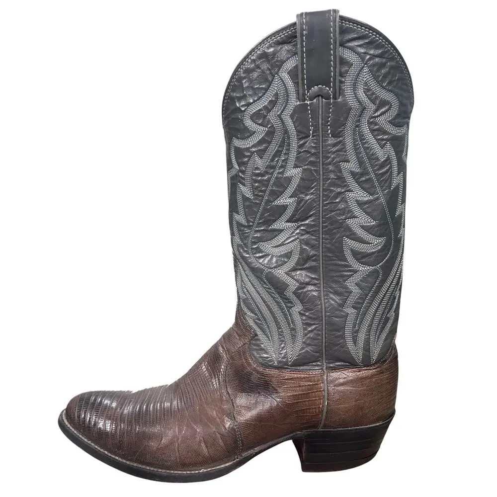 Vintage Justin Men's Brown Teju Lizard Skin Cowboy Boots Size 9.5 D